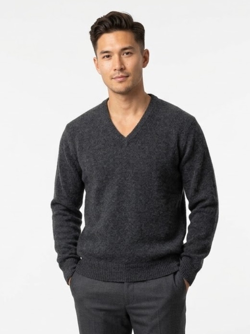 Vintage Charcoal Gray 100% Lambswool V-Neck Sweater Quiet Luxury Minimalist